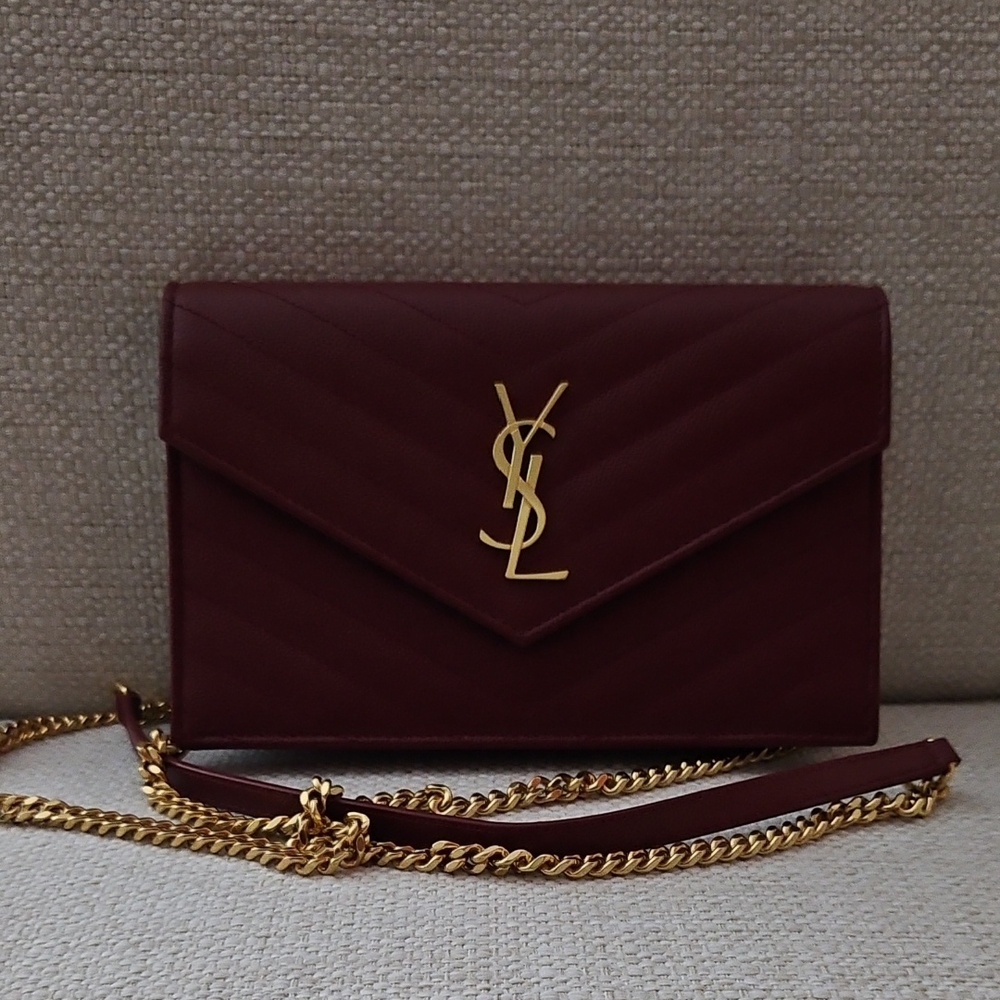 Saint Laurent Wine Red Leather Envelope Crossbody with Gold YSL